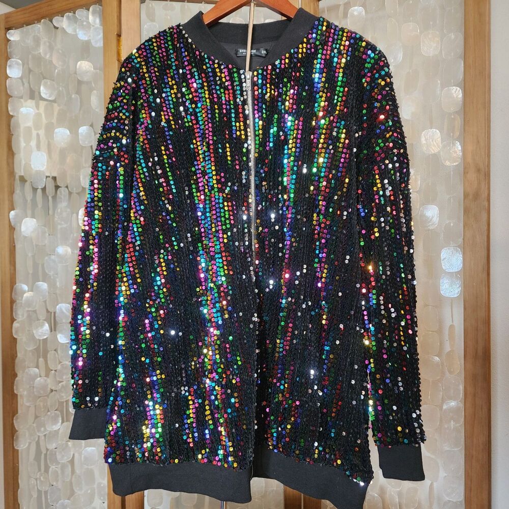 Shein Curve Sequin Jacket Womens 2XL Black Rainbow Zip Up Bomber Party Club Plus